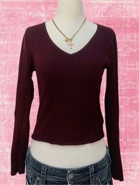 Slim Ribbed V-Neck Long Sleeve Top - Wine